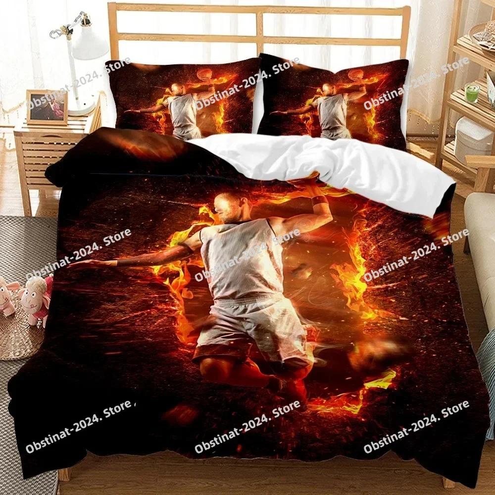 Basketball Duvet Cover Twin Size Sports Basketball Fire Pattern Twin Bedding Set Microfiber Quilt Cover for Boys and Teens