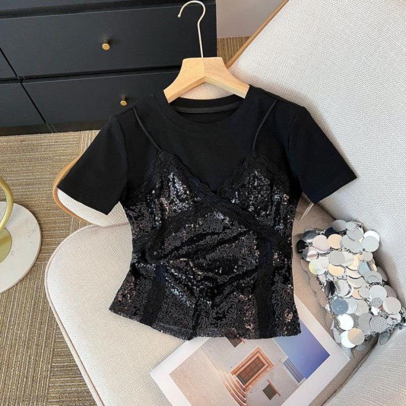 White Lace Camisole Patchwork Short Sleeved Shirt Women's Summer Small Versatile