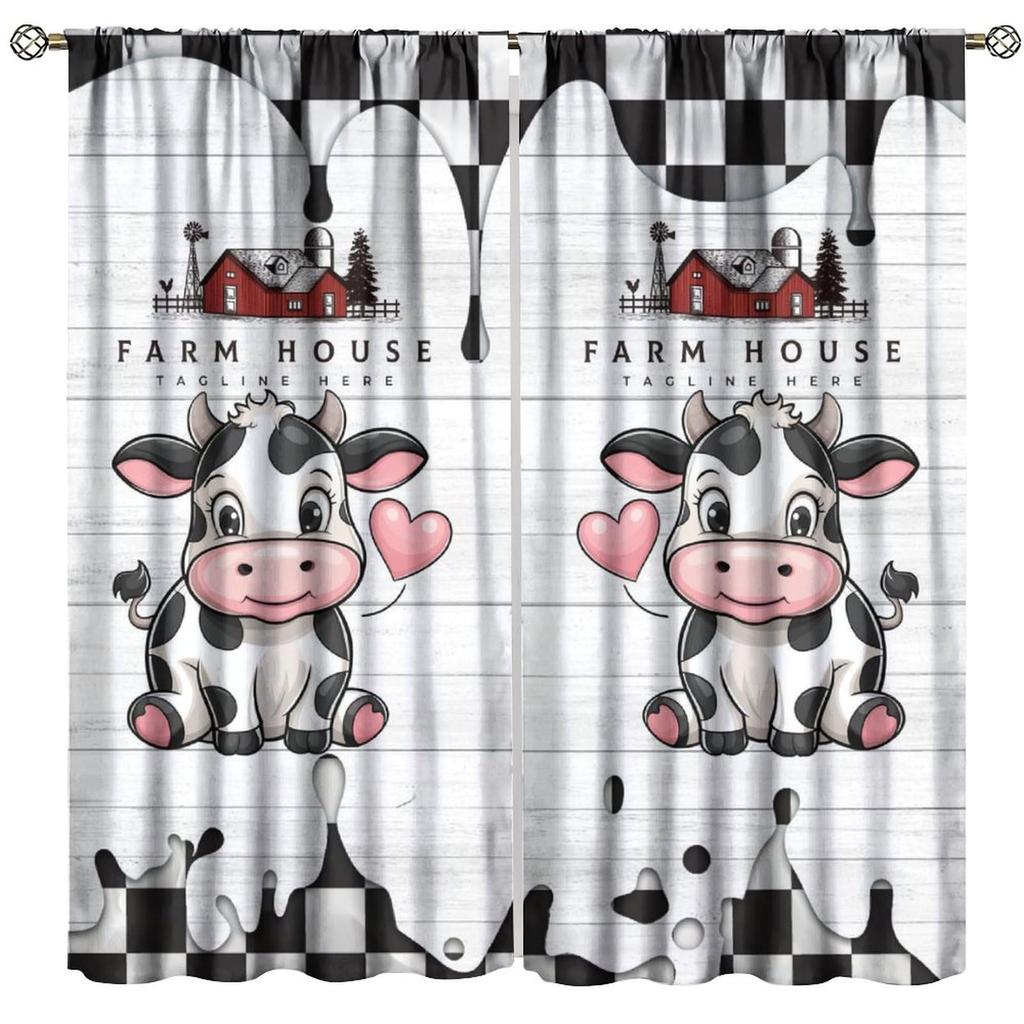 Farmhouse Cow Curtain Funny Animal Butterfly Sunflower Cow Curtains for Western Barn Door Printed Rod Pocket Window Treatments