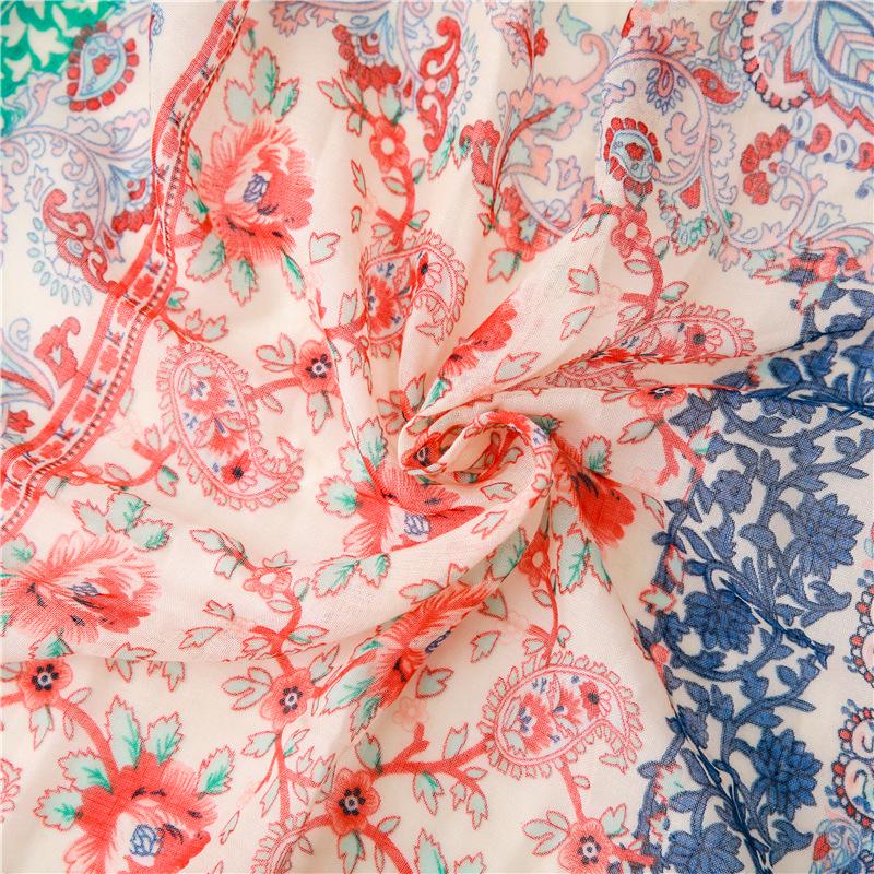 Women's Summer Retro Style Floral Silk Scarf with Colorful Tassels