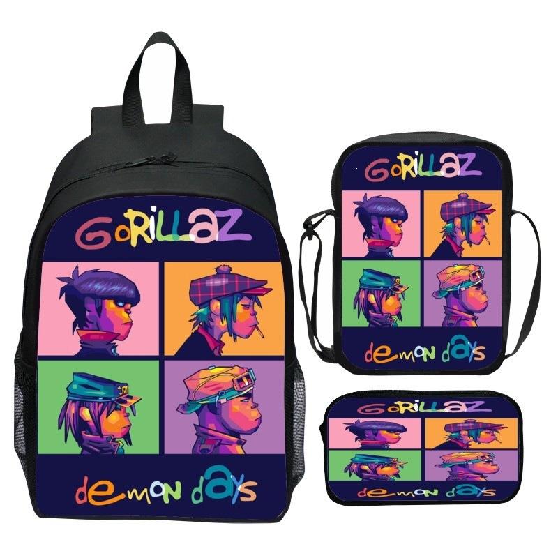 Gorillaz UK Virtual Band Printed Cartoon Backpack 3-Piece Set School Bag Lightweight Large Capacity