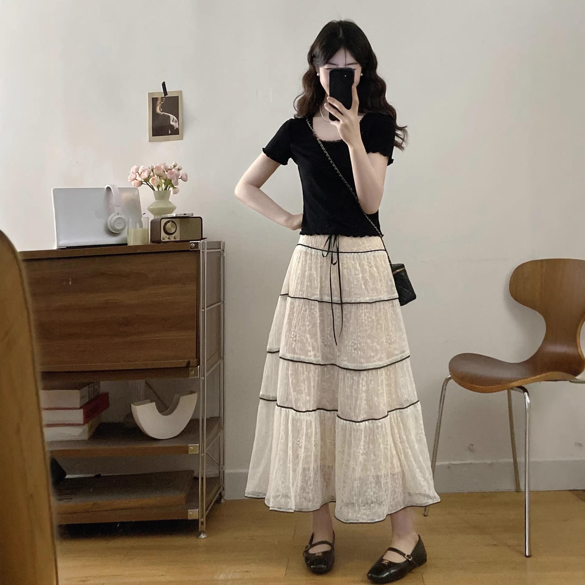 Women s Summer 2026 High Waist French Lace A-line Layered Skirt XL