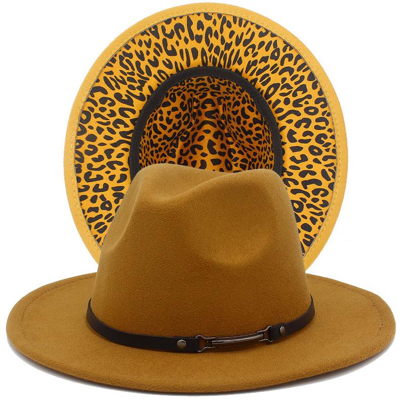 Fashion leopard print belt flat brim top hat autumn and winter British men and women double-sided color matching ethnic style jazz hat Wish