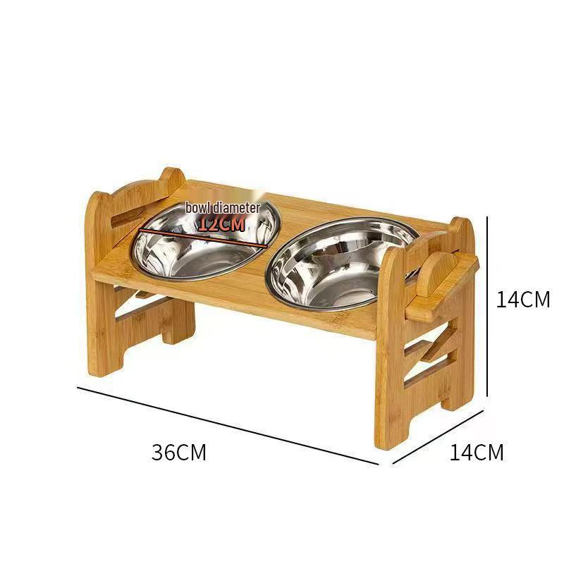 Adjustable Bamboo Wood Double Bowl Stand for Cats and Dogs - Elevate Pet Feeders for Neck Protection