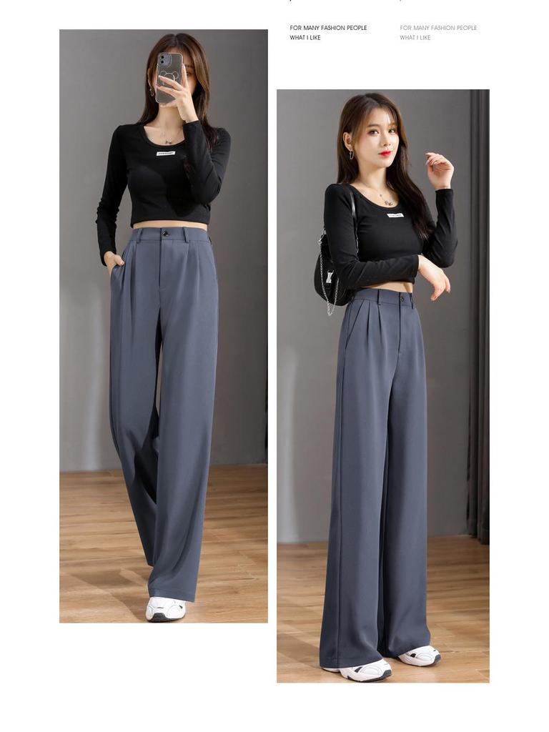 Women's 2025 High Waist Slim Fit Loose Draped Gray or Black Suit Pants for Spring and Autumn