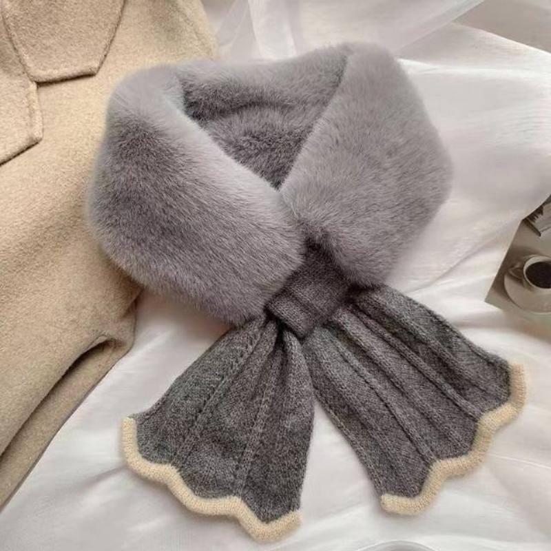 Women Winter Warm Thicken Cross Collar Neck Warmer Solid Color Faux Rabbit Fur Plush Elegant Knitted Shawl Scarfs