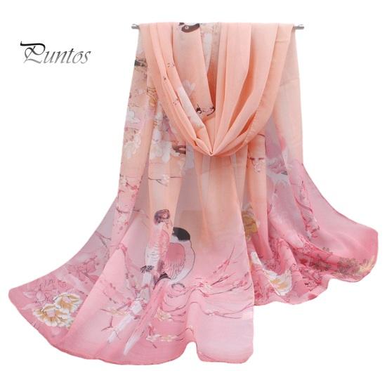 Floral Print Chic Women Scarf Bird Pattern Silky Colorful Wide Sunshade Chiffon Washable Travel Ladies Shawl Clothes Accessory Summer