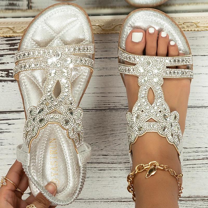 Women's Sandals Bling Bling Crystal Sandals Summer 2025 New Shoes For Women Low Heels Flat Sandalias Mujer Footwear Summer Shoes