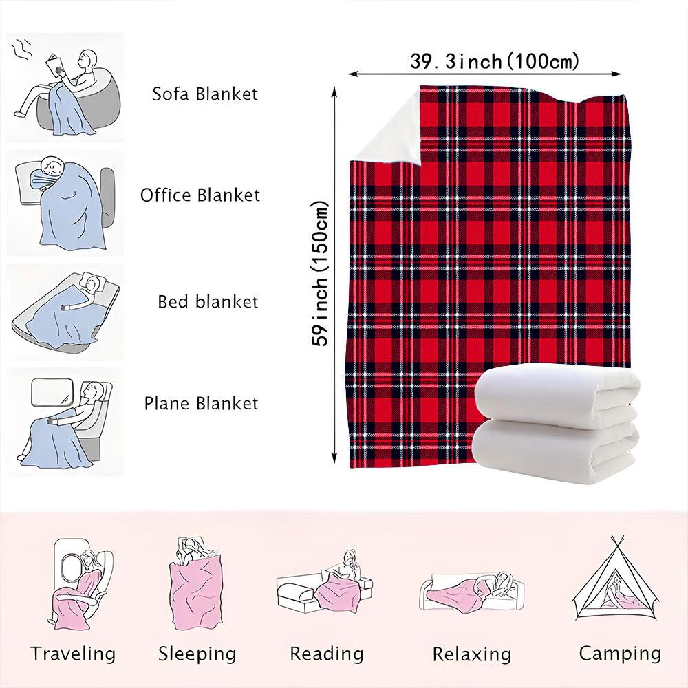 Classic Tartan Plaid Throw Blanket - Bright Red with Black & White Checkered Pattern, Symmetrical Traditional Design, Soft &