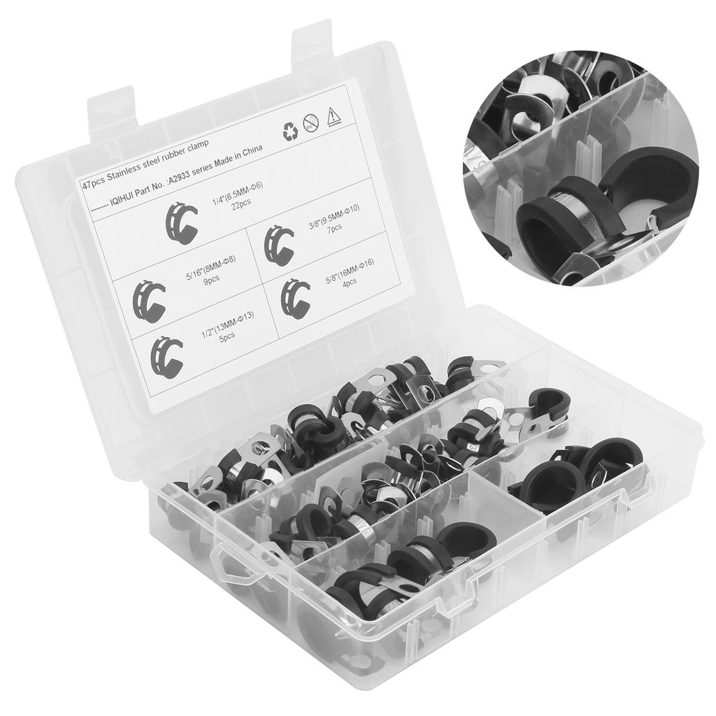 47pcs Cable Clamps Set R Shape 304 Stainless Steel and Rubber Cushion Assortment Kit