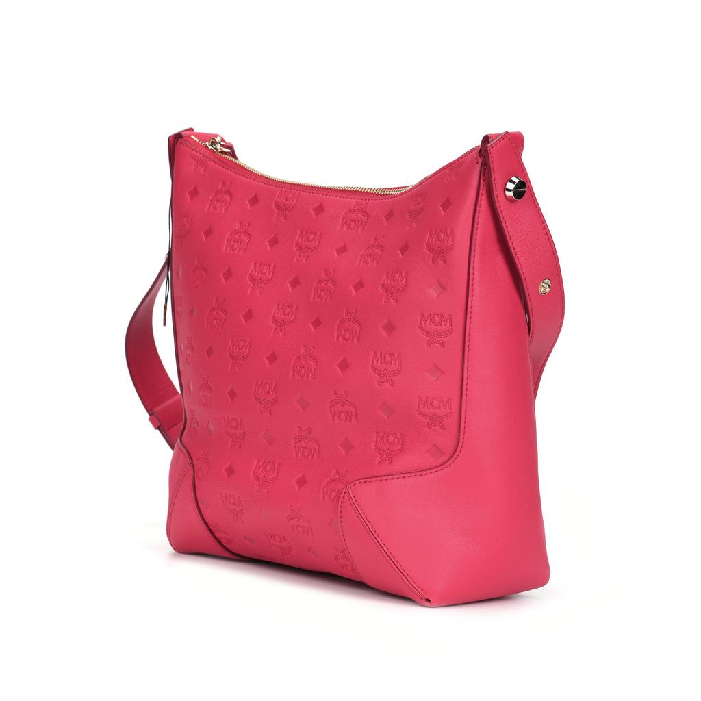 MCM Pink Embossed Visetos Leather Hobo Shoulder Bag for Daily & Travel Use
