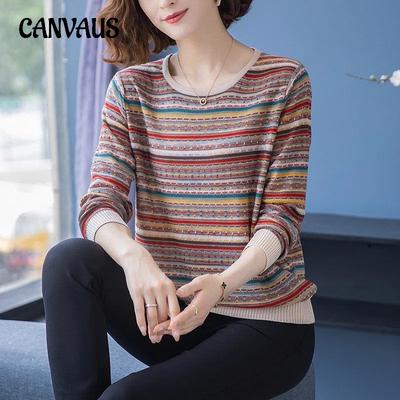 Ανοιξιάτικο και Φθινοπωρινό ριγέ πουλόβερ Φαρδύ μεγάλου μεγέθους Skinny μπλουζάκια Άνετα μακρυμάνικο πλεκτό πουλόβερ