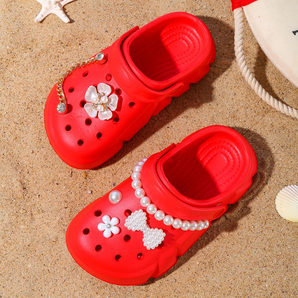 Girls Fashion Solid Color EVA Clogs - Breathable Non-slip Slip-On Sandals with Flower Chain and Pearl Design 3057