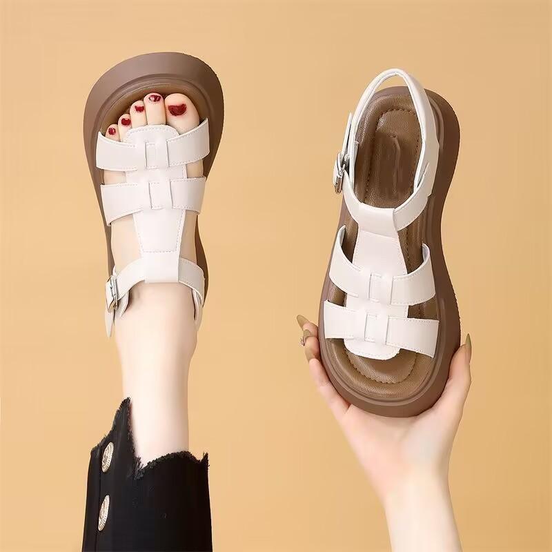 

Real soft leather foreign trade platform shoes Roman sandals women s muffin bottom hollowed out non-slip soft sole word casual beach shoes women 40