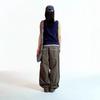 Women's Fold Waist Drawstring Cargo Wide Leg Pants Korean Coyseio Casual Straight Cotton Trousers