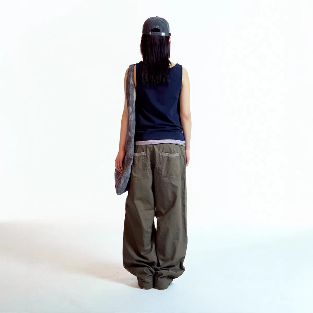 Women's Fold Waist Drawstring Cargo Wide Leg Pants Korean Coyseio Casual Straight Cotton Trousers