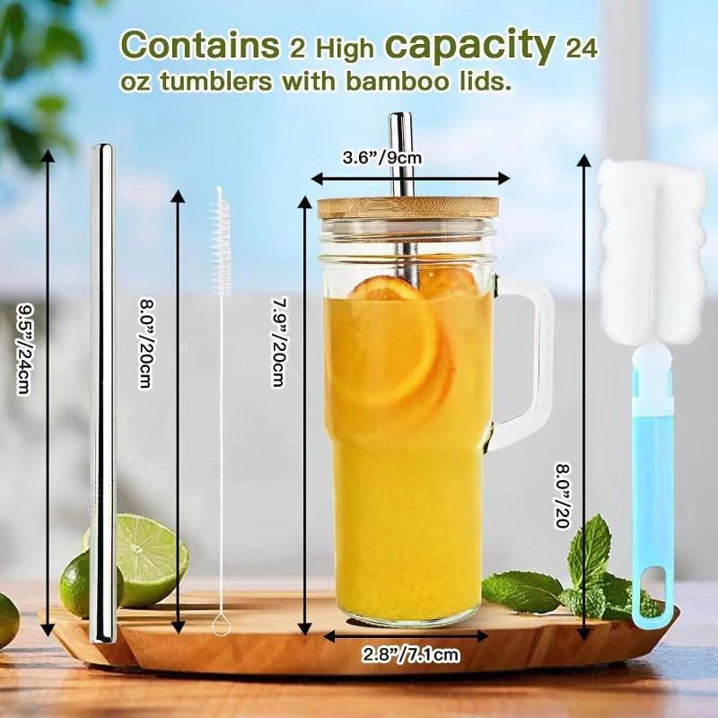 24oz Mason Jar with Wooden Lid & Handle, Straw, Ice Buster Design for Milk Tea