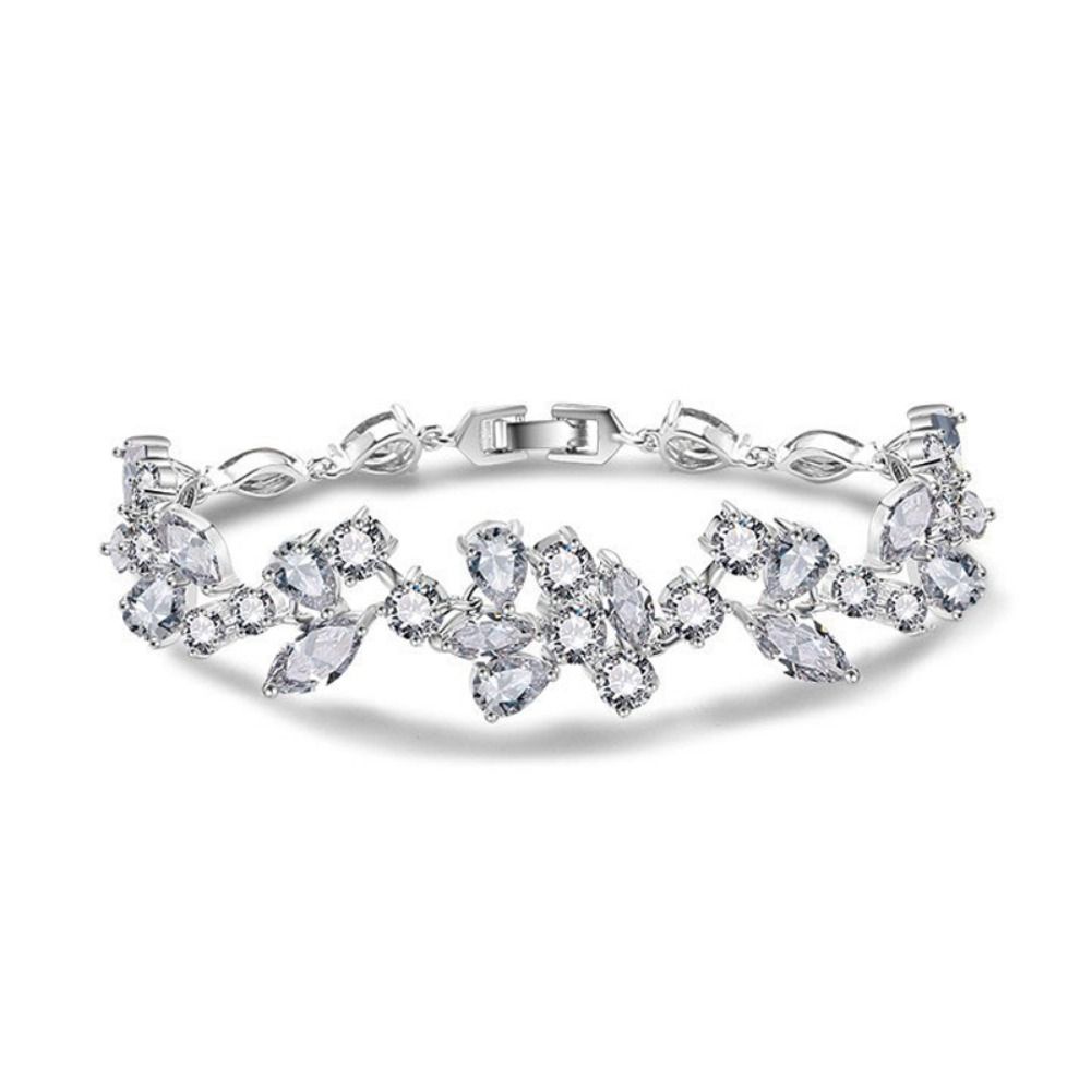 Silver Color Leaf Shape Bracelet Shiny Crystal Dangle Earrings Luxury Wristlet  Women Fashion