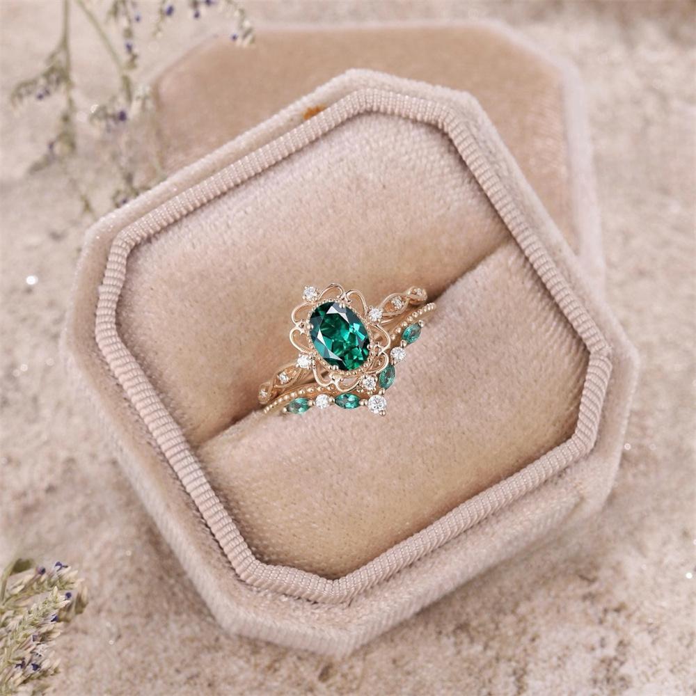 2Pcs/Set Fashion Rose Gold Color Rhinestone Zircon Rings For Women Green Crystal Rings Wedding Engagement Jewelry Gifts