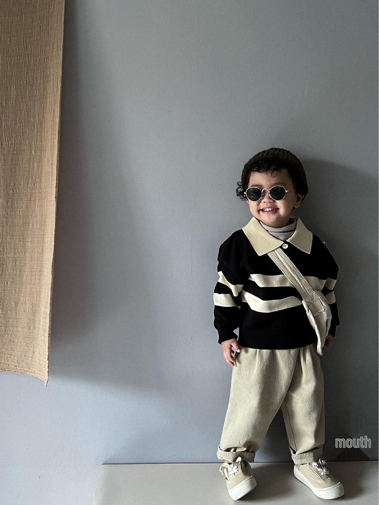 Mori Style Children's Knitted Sweater - Striped, Two-Button, Turn-Down Collar, Casual and Fashionable for Boys and Girls in Spring and Autumn.