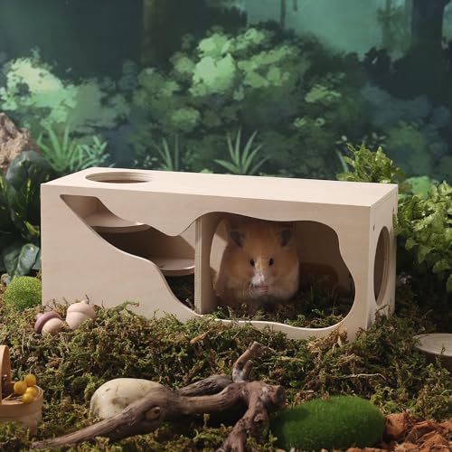 Tafit Hamster House, Wooden Hideout, Small Animal Pet Tunnel Exploration Toy, Secret Peephole for Dwarf Hamsters, Syrian Hamsters, Gerbils, Hedgehogs,
