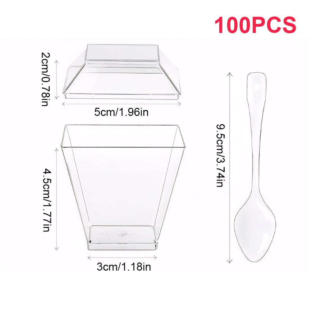 50/100 Pack 60ml Plastic Dessert Cups with/no Lids and Spoons Clear Yogurt Parfait Cups Square Appetizer Cups 2OZ Serving Cups