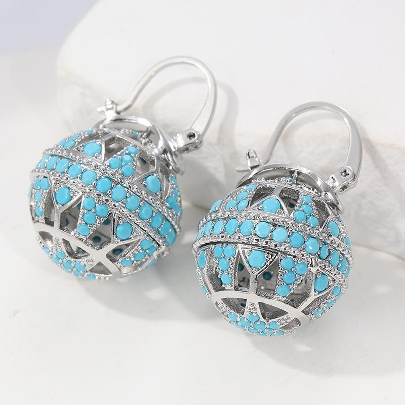 Exquisite  Hand Carved Inlaid Synthetic Turquoise Hollowed Ball Dangle Earrings for Women Banquet Festival Jewelry Gifts