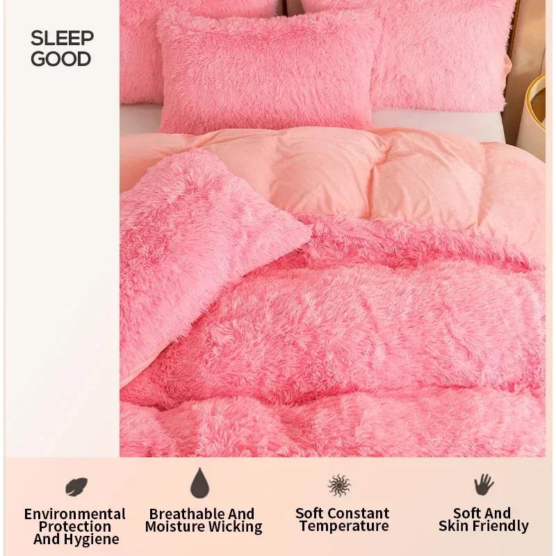 3/4PCS Winter Warm Plush Duvet Cover Pink Mink Velve+fluffy Flannel Quilt Cover Queen King Size Luxury Double Bed Bedding Set