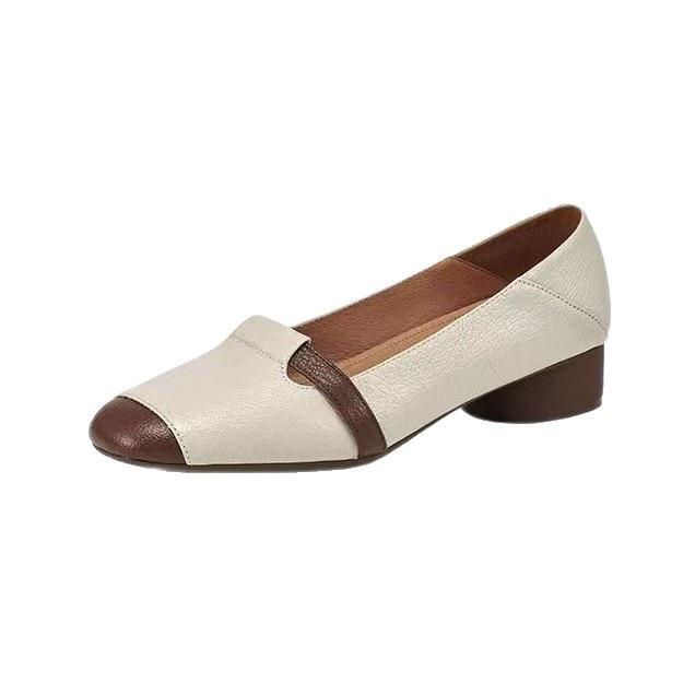 Square head soft sole thick heel leather shoes medium heel soft leather retro spring new soft leather light mouth single shoes