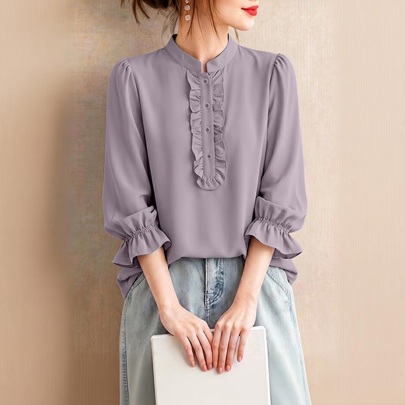 ZANZEA Women Casual Stand Collar Solid Color Loose 3/4 Sleeve Blouse