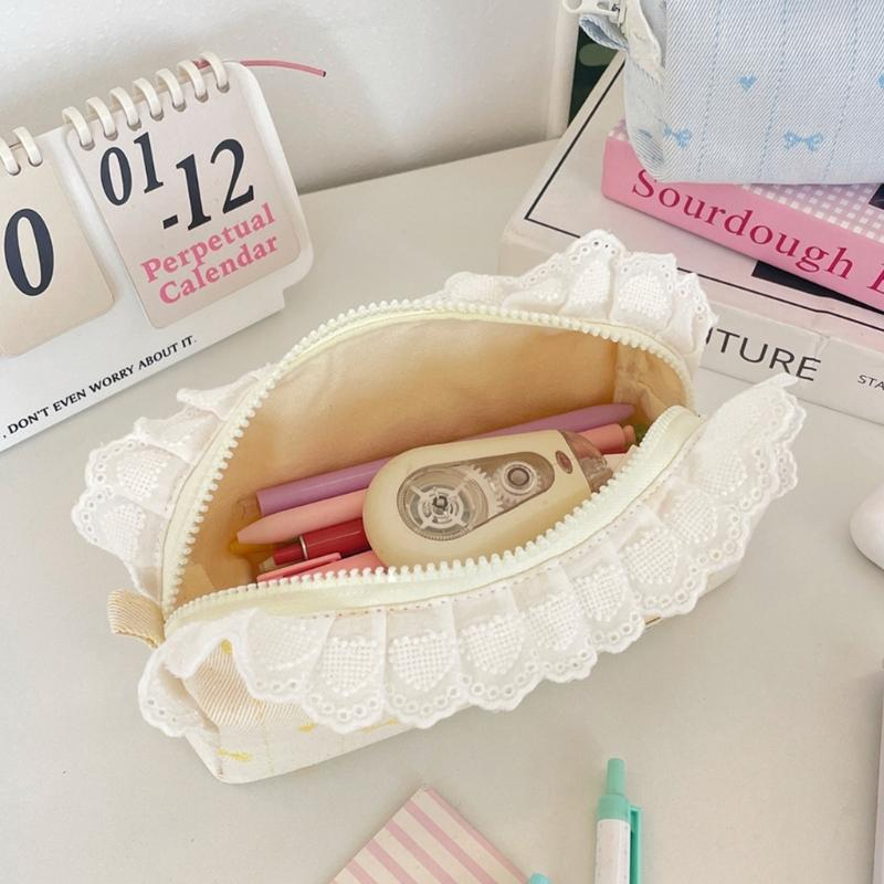 Lace Trim Pencil Case with Top Closure, Embroidered Heart Design for School Supplies, Desk Storage and Journaling