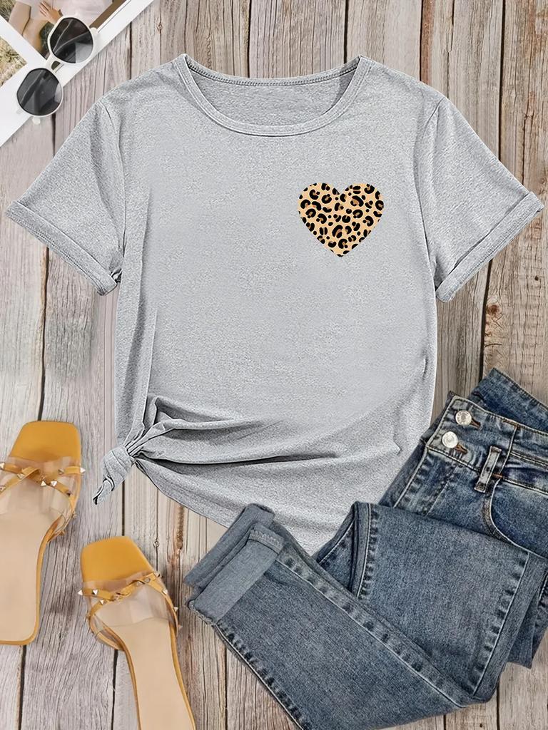 Womens Casual Leopard Print Heart Graphic TShirt Stretchy Round Neck Summer Top White Tee Leopard Print Design Aesthetic Clothes