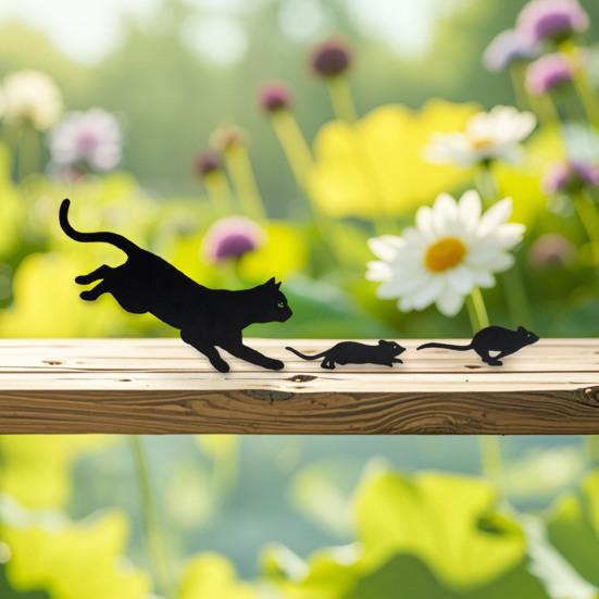 Kovová zahradní cedule s kočkou, snadná instalace, ozdoba s kočkou honící myš, černá kočka, silueta, dekorace na zahradě pro milovníky koček, zahradní plot
