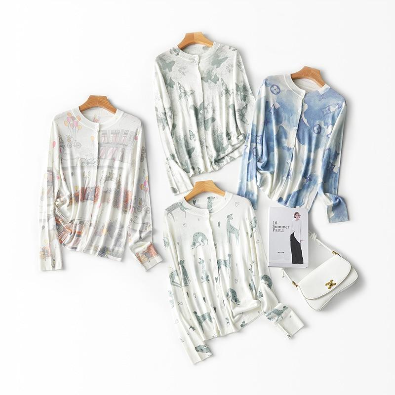 Acetate Wool Blended Printed Knitted Cardigan Women's Summer New Loose Versatile Thin Coat Top