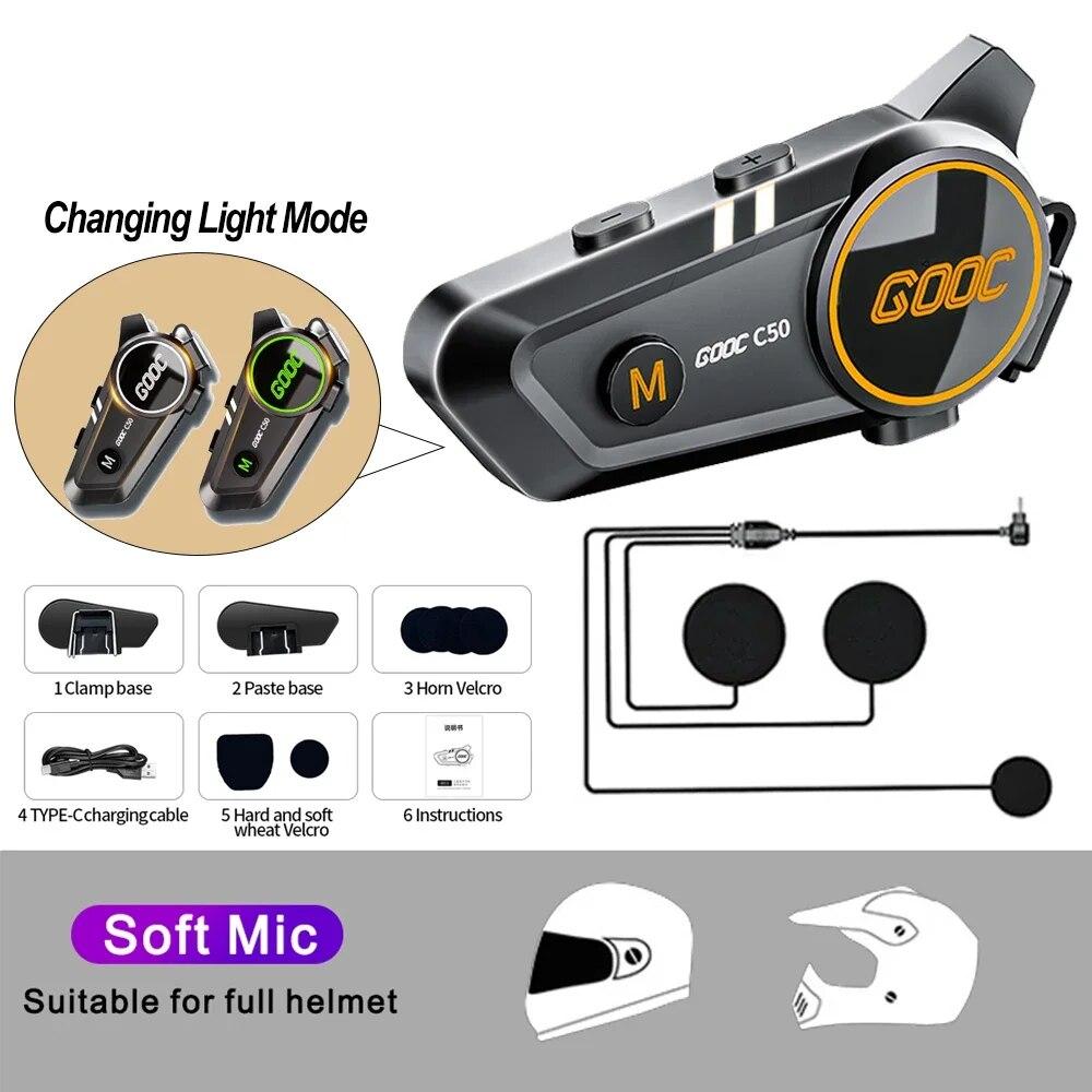 C50 Motorcycle Bluetooth Helmet Headset V5.3 Tri-Colorful Lights Earphone IPX6 Waterproof Support Connecting 2 Phones Same Time