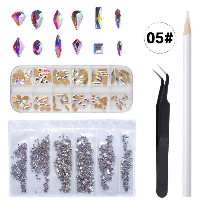 Nail DIY Decoration Nail High Silver Flat Colorful Glass AB Water 12 Grid Long Strip Box Set