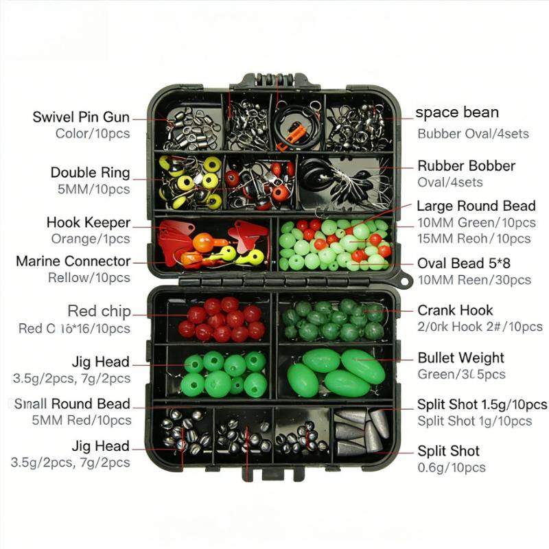205pcs Fishing Line Beads Gear Set,Sea Tackle Kit Including Hook, Brass Weight, Space Bean, Swivel, O-ring, Swivel Sequin with Tackle Box
