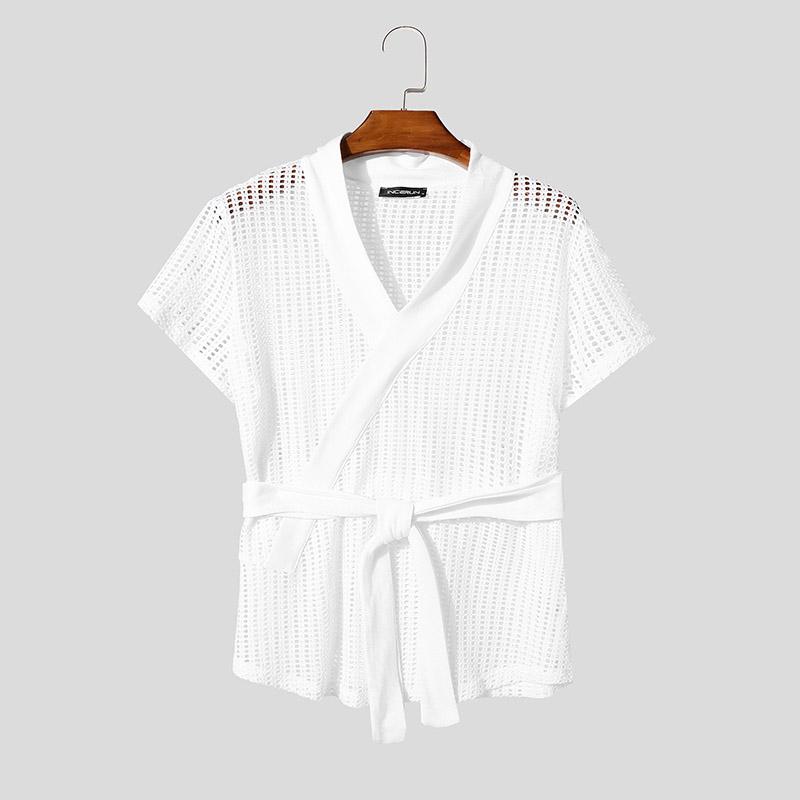 

INCERUN Men V Neck Short Sleeve Hollow Out Front Cross Bandage Beach T-shirts 3XL белый