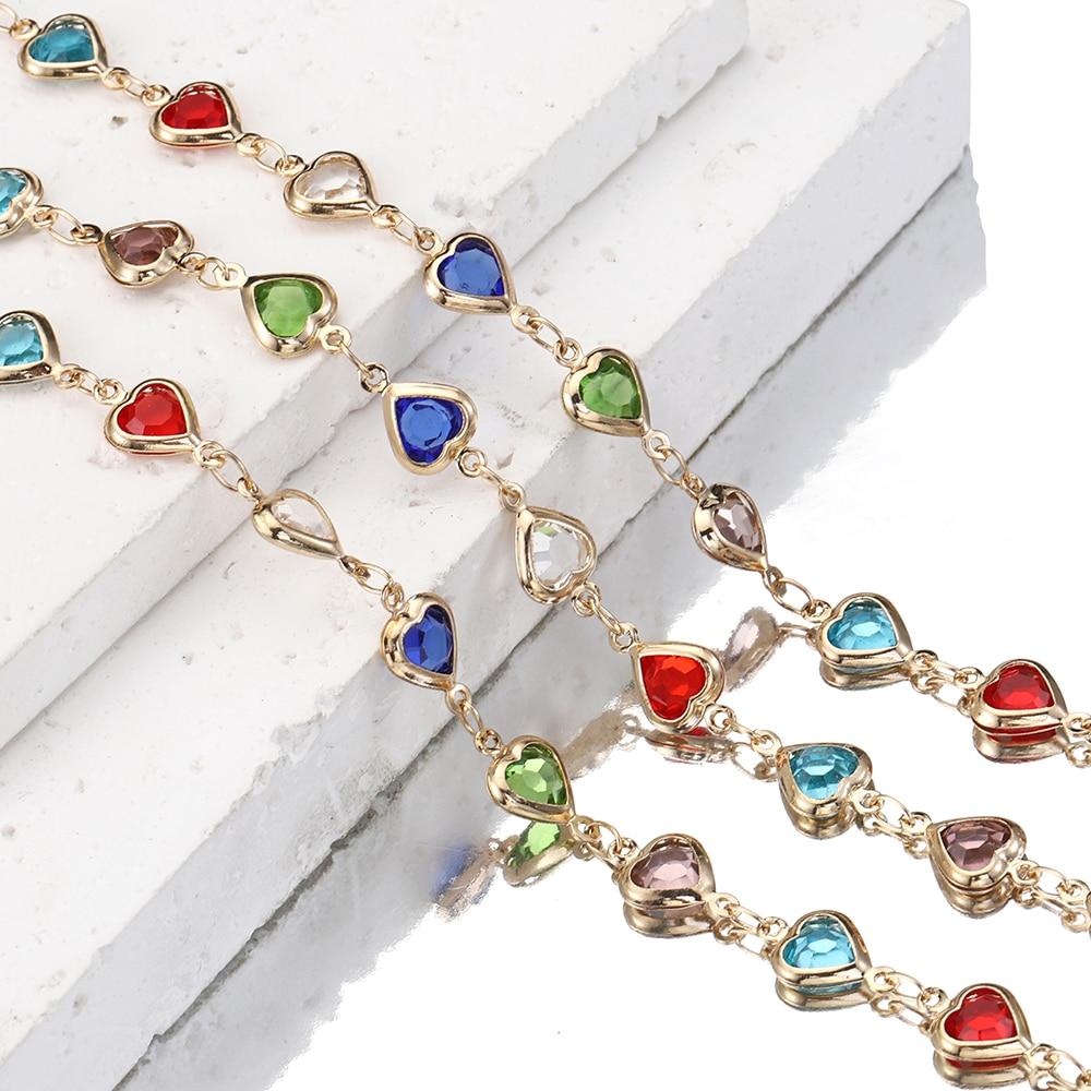 1meter Love Heart Crystal Bead Chains Glass Beads Copper Chain for Necklace Bracelet DIY Jewelry Making Component Supplies