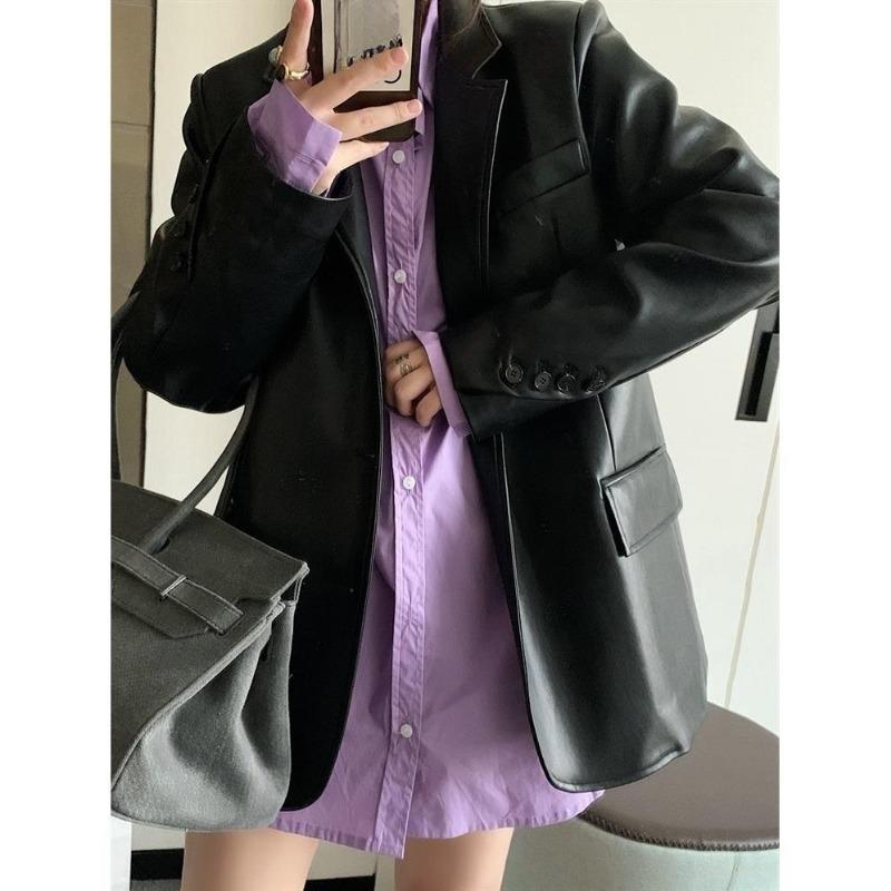 Women's Loose PU Jacket with Vintage Style and Large Cut In Black and Brown