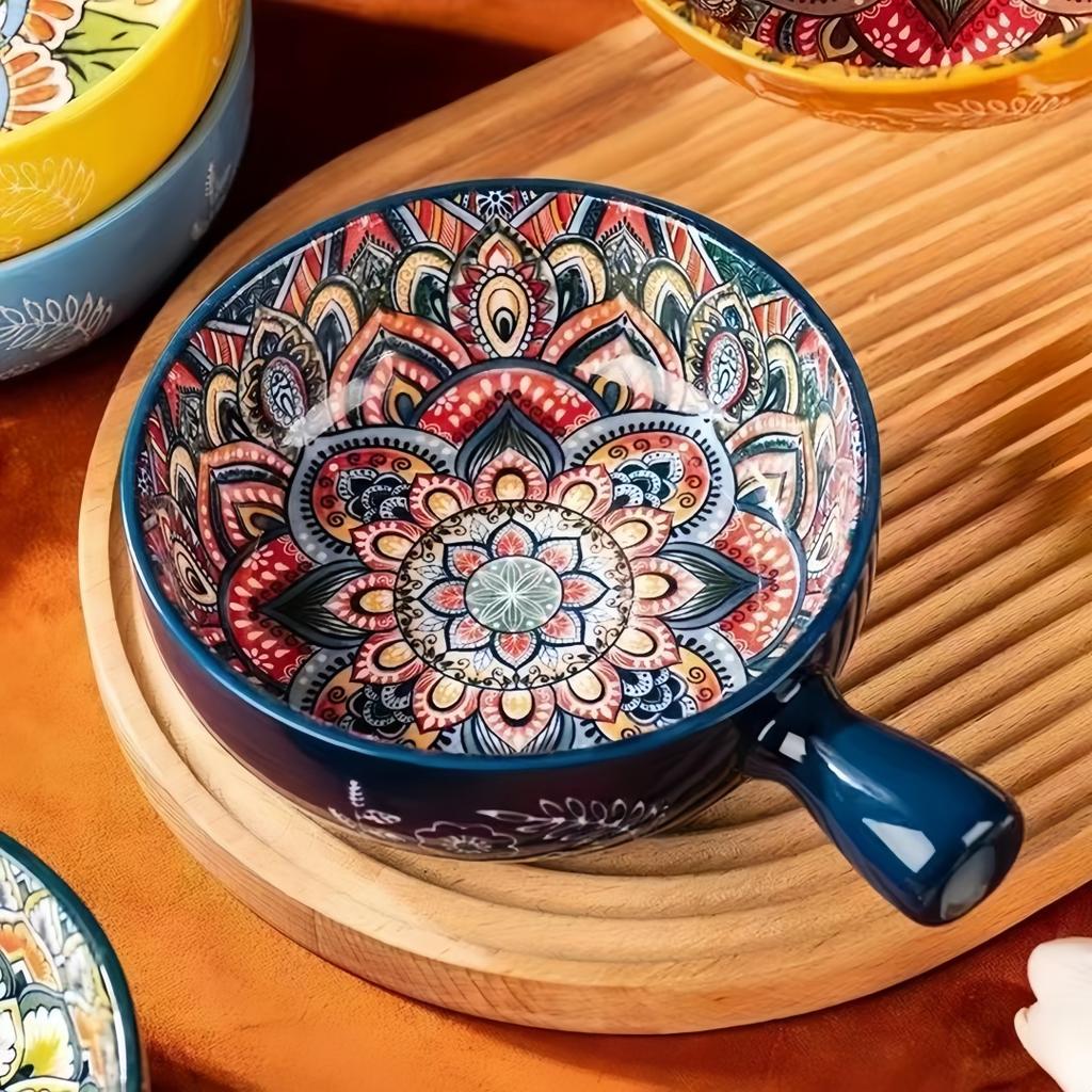 Hand-painted Relief Pattern Salad Bowl with Handle, Pasta Bowl, Kitchen Baking Utensils, Suitable for Use In Ovens and Microwave