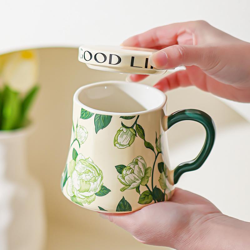 Lily of The Valley Ceramic Water Cup Home Office Large Capacity Coffee Cup Breakfast Cup with Lid Design Coffee Cup