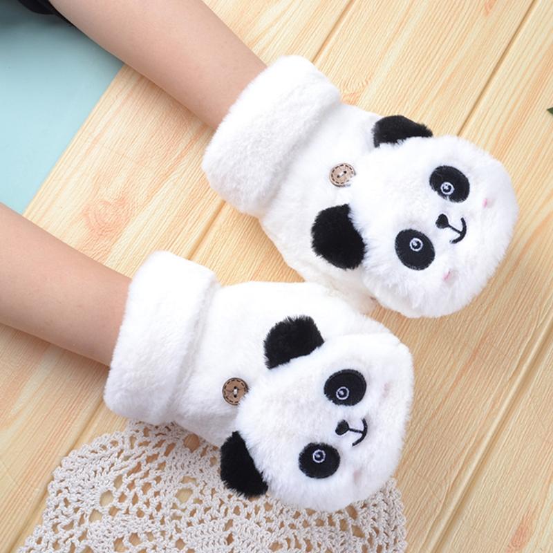 Winter Warme Handschuhe Flauschige Tier-Fäustlinge Plüsch-Panda Halbfingerhandschuhe mit Klappdeckel Warme Handschuhe für Kaltes Wetter