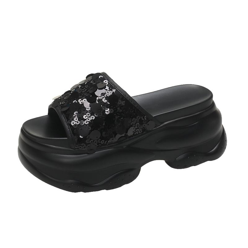 Fashion 8CM Non-slip Outdoor High Platform Rhinestone Mule Shoes Woman New Summer Sandals Ladies Brand Design Bling Wedge Slide Slipper