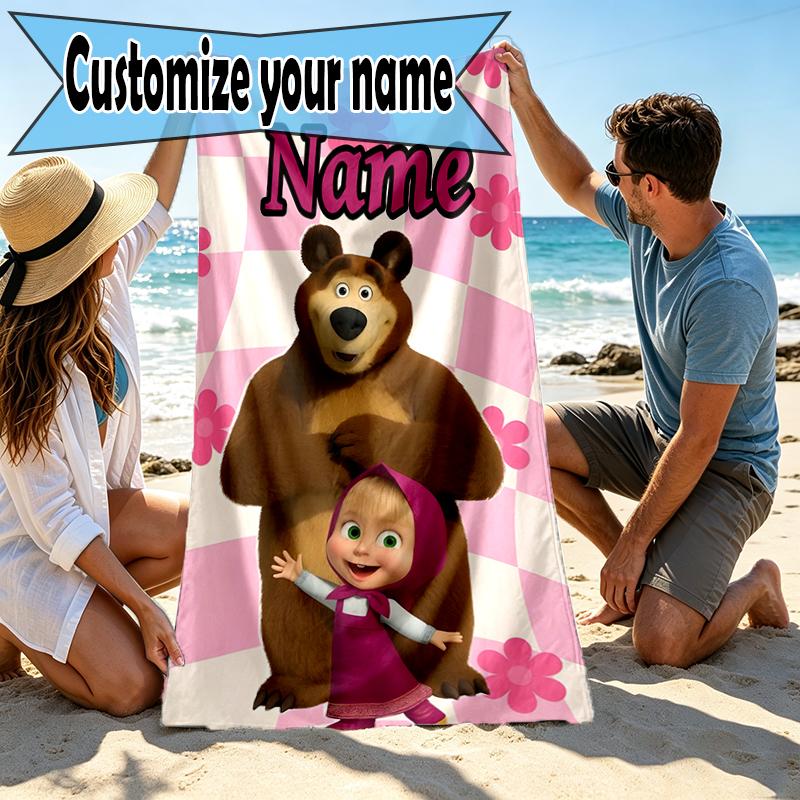 Asciugamano da Spiaggia Personalizzato con Nome Masha e Orso, per Viaggio Campeggio Festa in Spiaggia Decorazione Casa, Regalo di Compleanno per Famiglia e Amici
