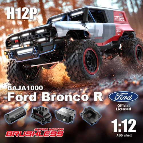 MJXRC H12P 1:12 4WD Radio-Controlled Crawler, Brushless Motor, Alloy Body, Metal Driveshafts, 45-Minute Run Time, Bronco Baja 1000, Officially License