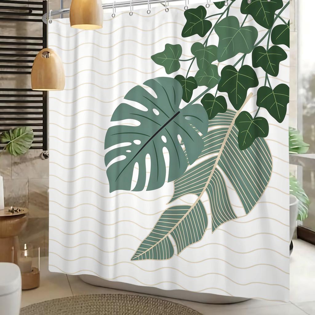 Greenery Theme Shower Curtain Tropical Plants Hanging Leaves Nature Style Bathroom Decor Polyester Waterproof Bathroom Shower