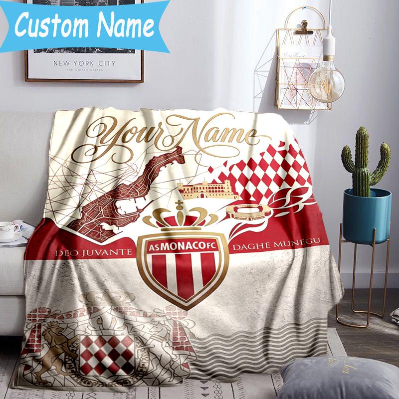 Custom Name As Monaco Fc Crest Flannel Blanket, Use for Birthday/Holiday Gift, Soft Blanket for Sofa/Bed/Camping/Office, Home Decor