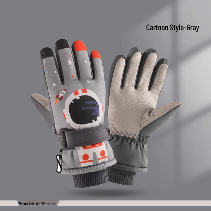 Children s Fleece-Lined Waterproof Ski Gloves - Astronaut Design One Size