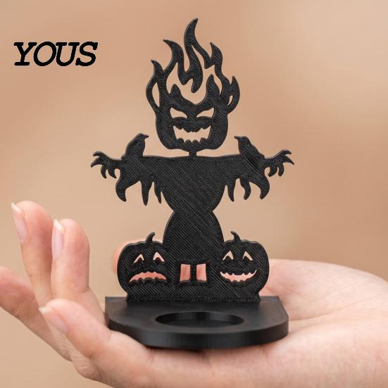 Halloween Candle Holder 3D Printed Ghost Scarecrow Holder, Decor with Pumpkin & Crow Design, Matte Accessory Black One-Piece Craft, Round